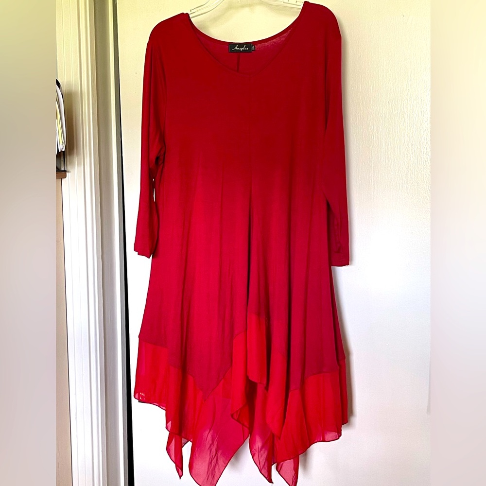 Red cotton and chiffon tunic long sleeve